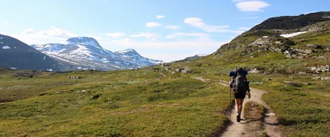 mann ved vandrerstav går på en sti i et fjellandskap. foto.